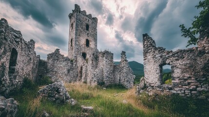 A desolate medieval castle with crumbling stone walls, towers, and an ominous sky, capturing the haunted beauty of its abandoned state.