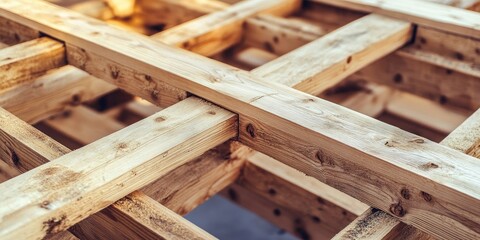 Wooden framework construction background with horizontal and vertical beams in natural brown tones, soft lighting, and a rustic texture.