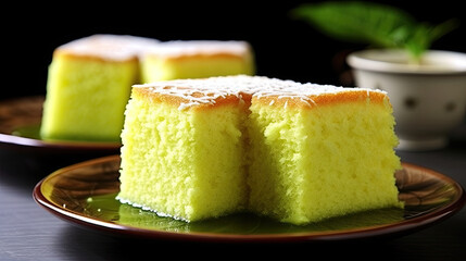 Close-up of Two Slices of Delicious Yellow Cake on a Brown Plate
