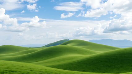 Fototapeta premium Rolling green hills under a bright blue sky with white, puffy clouds above.