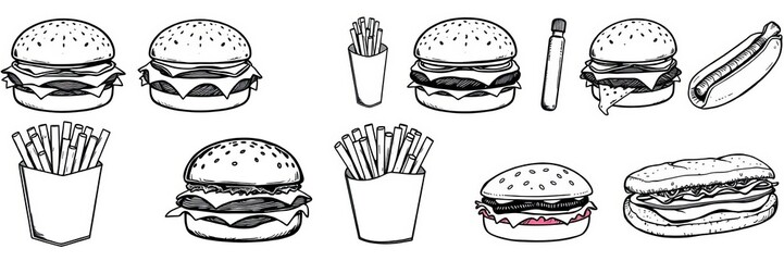 Fototapeta premium A collection of hand-drawn illustrations of various fast food items in an engraved style, featuring burgers, fries, pizzas, hot dogs, and more, vector, set, fast food