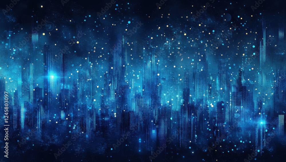 Poster abstract blue background with glowing particles and light streaks creating a cosmic atmosphere suita