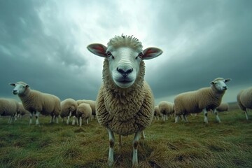 Fototapeta premium Sheep in a Stormy Field: A Flock's Resilience