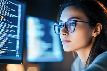 Focused female programmer in glasses working on code in a dimly lit environment, symbolizing technology, precision, and innovation. 