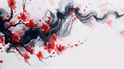 Black and red abstract illustration with brush strokes, red flowers, black wave, cherry blossom, chinese japanese ink calligraphy painting on paper