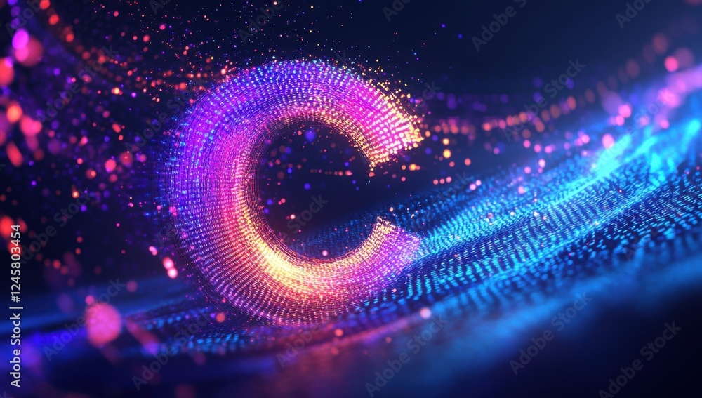 Fototapete abstract colorful digital wave with glowing particles forming a circular shape against a dark backgr