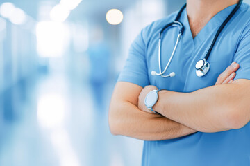 Detail of healthcare professional in blue scrubs with a stethoscope, standing confidently in a hospital, symbolizing care and expertise. 