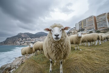 Obraz premium Coastal Sheep Flock: A Serene Mediterranean Scene