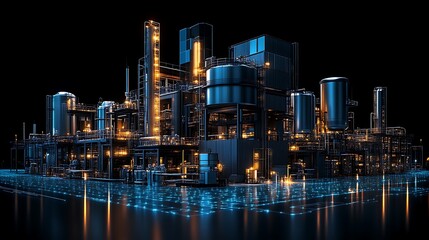 Naklejka premium Abstract illustration of an industrial complex with glowing lights at night with dark background
