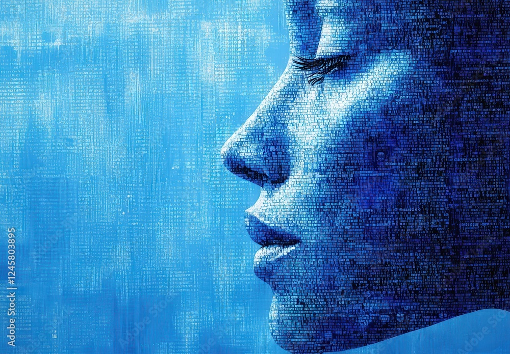 Poster abstract digital art of a serene female face profile composed of binary codes against a vibrant blue