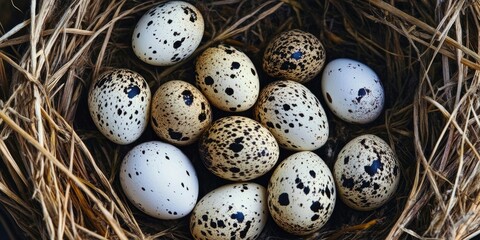 Obraz premium Quail eggs in a natural nest of straw displaying a mix of speckled brown and white colors positioned centrally with rich earthy tones.