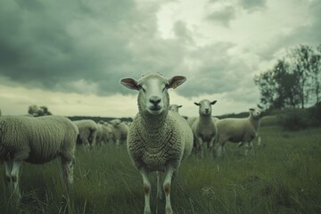 Fototapeta premium A Sheep in a Field Under a Cloudy Sky