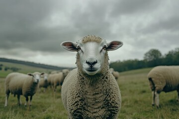 A Sheep in a Field Under a Cloudy Sky