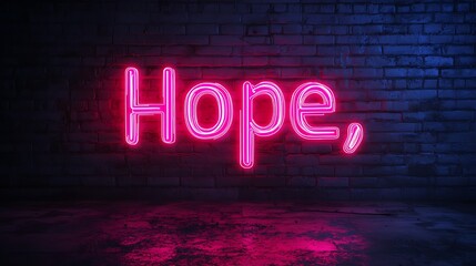 Obraz premium Pink Neon Hope Sign on Brick Wall Background.