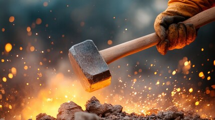 A powerful image illustrating the moment of a hammer striking rock, where sparks erupt in brilliant display, emphasizing manual skill and the beauty of raw material transformation.