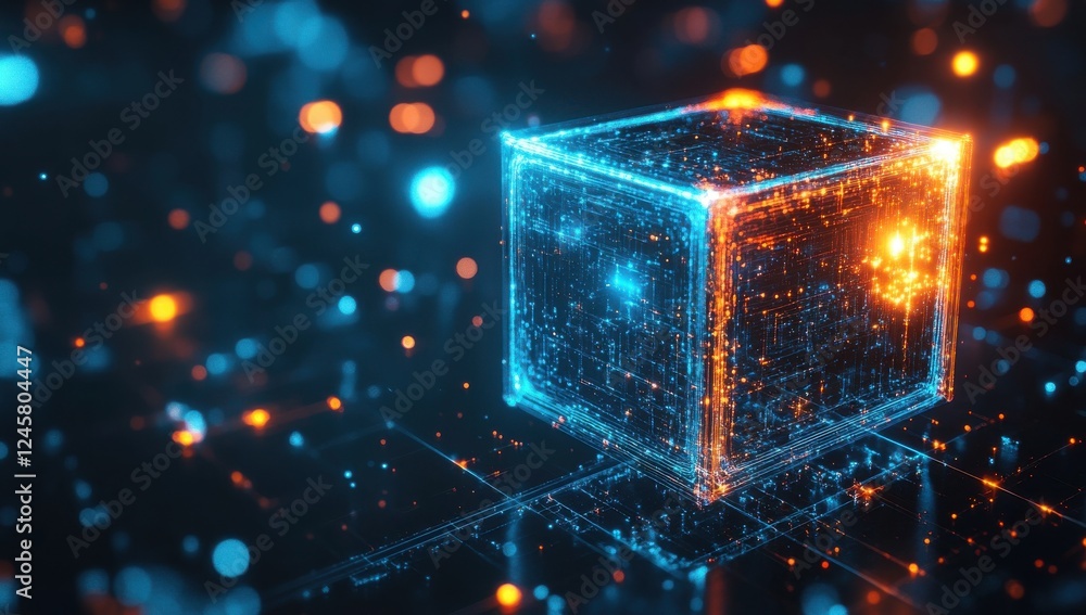 Aufkleber abstract digital cube with glowing particles in blue and orange tones on a futuristic background hig