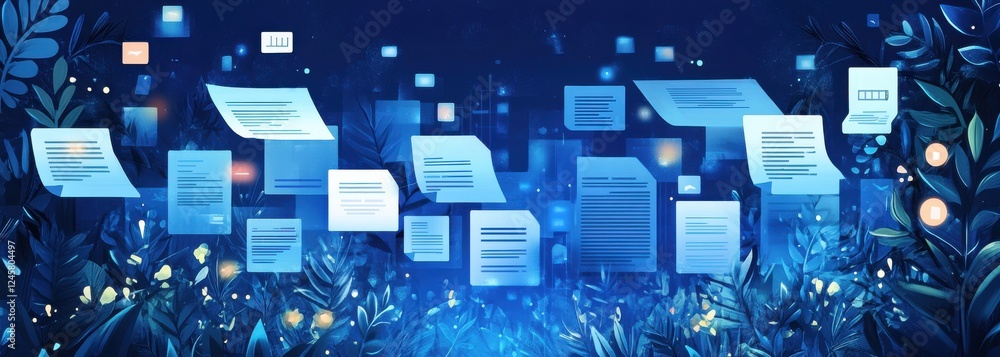 Poster abstract digital concept with floating documents and data amid a lush dark blue environment with glo
