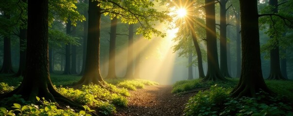 Naklejka premium Muted sunlight filtering through tree branches, forest floor, light filter, forest light