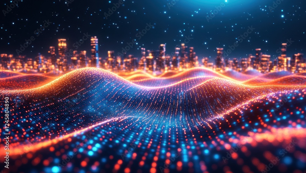 Poster abstract digital landscape with glowing particles and light effects creating a mesmerizing visualiza