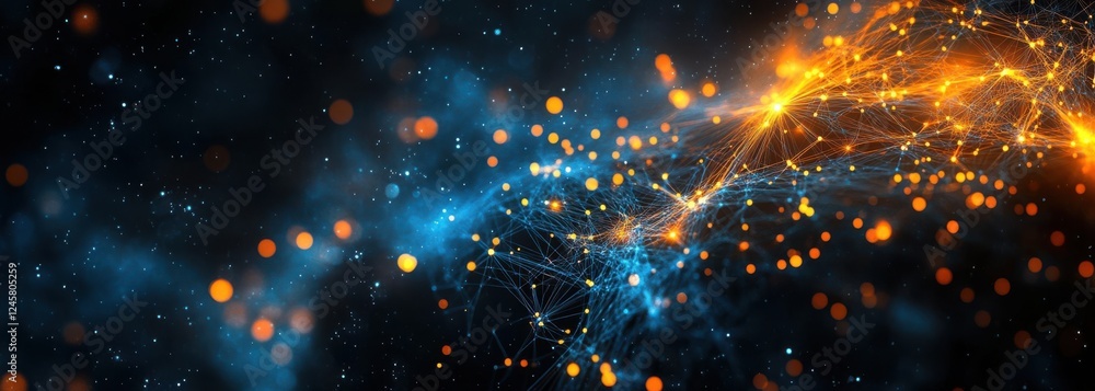 Poster abstract digital network visualization with glowing lines and dots in blue and orange tones against 