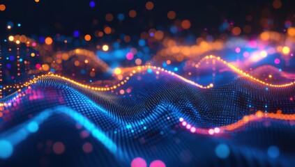 Obraz premium Abstract digital wave with glowing dots and particles in vibrant blue and orange hues, creating a futuristic visual representation of sound or data flow