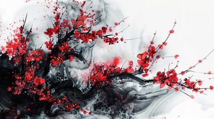 Black and red abstract illustration with brush strokes, red flowers, black wave, cherry blossom, chinese japanese ink calligraphy painting on paper