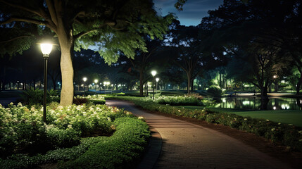 Obraz premium Serene Night Park Path Illuminated by Lamplight