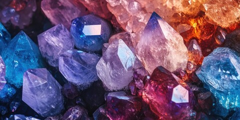 Close-up of vibrant blue purple and orange crystals and gemstones with a textured background ideal for modern marketing text placement
