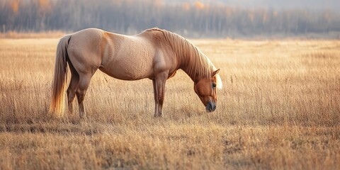 Naklejka premium Golden horse grazing in a sunlit field of tall, golden grass with soft blurred background and warm tones creating a serene countryside atmosphere.