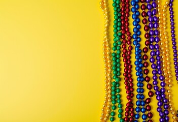 Close-Up of Colorful Mardi Gras Beads on Yellow: Use this Image to Enhance Your Party Invitations, Blog Posts, and Design Projects with a Lively and Eye-Catching Detail

