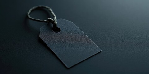 Fototapeta premium Blank black tag with a textured surface, positioned at a slight angle on a dark surface, showcasing branding potential and minimalist design aesthetics.
