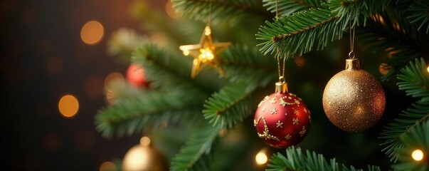 Ornate gold Christmas tree branches with stars hanging, sparkling ornaments, christmas tree branches