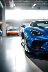 Fototapeta premium Close up blue sports car in the modern garage