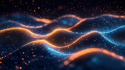 Fototapeta premium Abstract flowing waves of luminous blue and orange light with sparkling particles, representing dynamic energy and movement in modern digital design