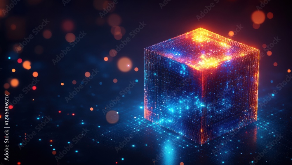 Poster abstract glowing cube design representing data visualization and digital technology with bright part