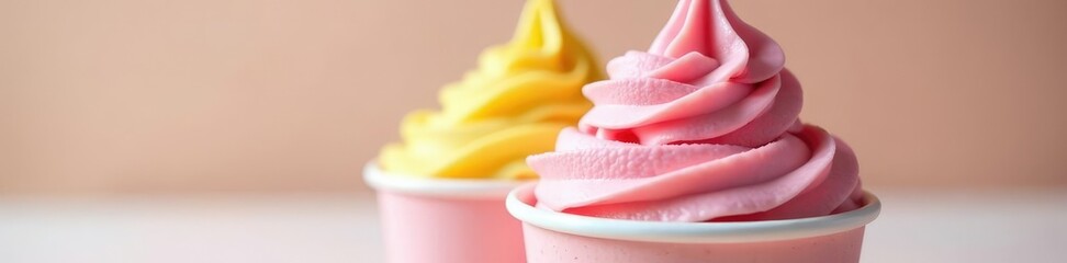 Paper cup filled with a swirl of pink and yellow ice cream, swirl, whipped