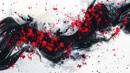 Black and red abstract illustration with brush strokes, red flowers, black wave, cherry blossom, chinese japanese ink calligraphy painting on paper