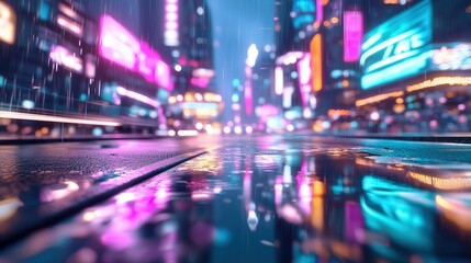 Cyberpunk street scene wallpaper. Rain-soaked iridescent asphalt reflecting holographic billboards, neon pink and teal color bleed, motion-blurred LED streaks background