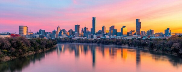 Fototapeta premium Sunset reflection over austin skyline texas cityscape photography urban environment wide angle view serenity in motion