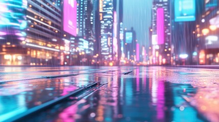 Cyberpunk street scene wallpaper. Rain-soaked iridescent asphalt reflecting holographic billboards, neon pink and teal color bleed, motion-blurred LED streaks background
