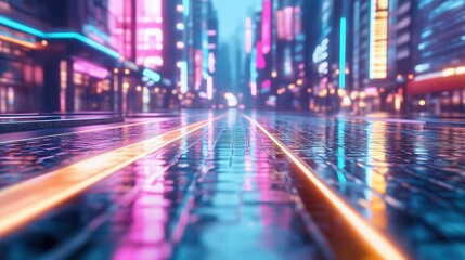 Obraz premium Cyberpunk street scene wallpaper. Rain-soaked iridescent asphalt reflecting holographic billboards, neon pink and teal color bleed, motion-blurred LED streaks background
