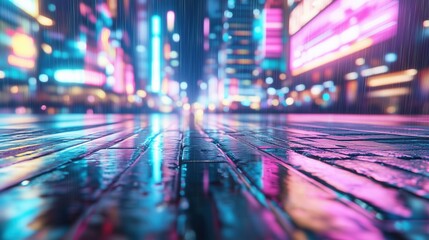 Cyberpunk street scene wallpaper. Rain-soaked iridescent asphalt reflecting holographic billboards, neon pink and teal color bleed, motion-blurred LED streaks background