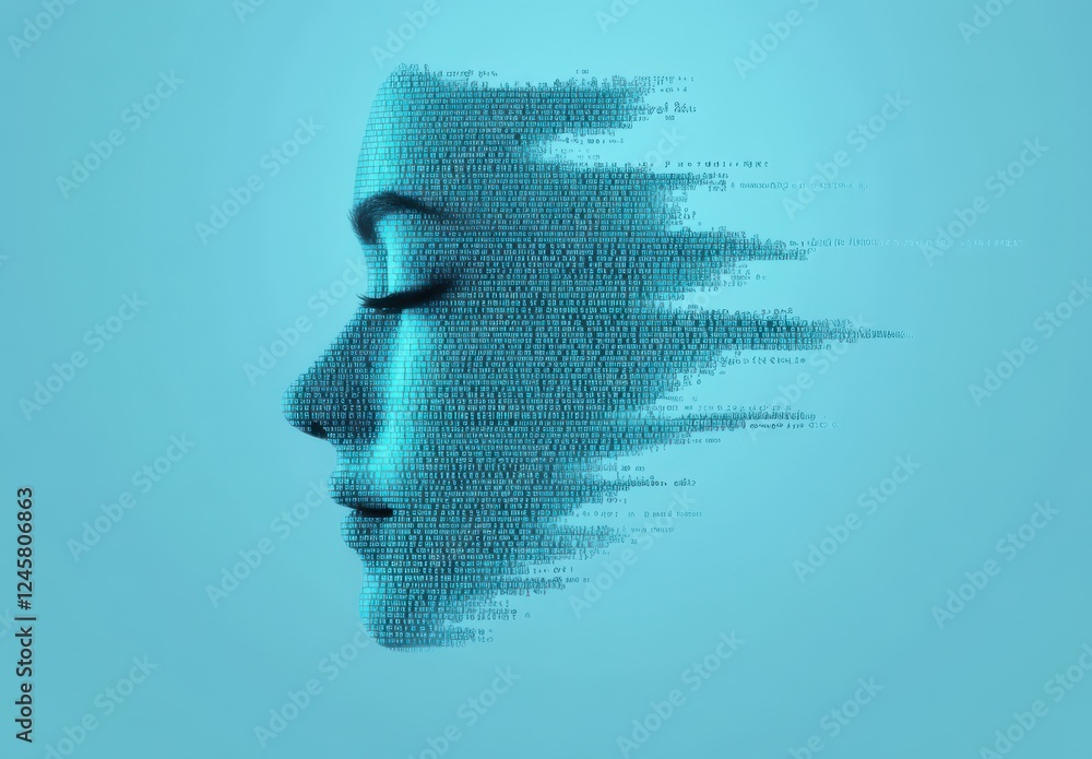 Poster abstract profile of a woman composed of binary code on a turquoise background representing the fusio