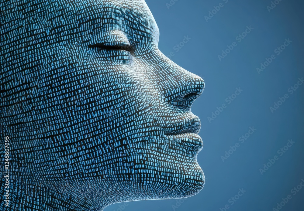 Poster abstract representation of a human face composed of binary digits, symbolizing technology, artificia