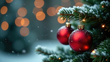 Obraz premium Snow-dusted evergreen branch with festive red and gold ornaments, warm glow of string lights in the background, red, gold, festive