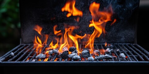 Portable barbecue grill with active flames and glowing charcoal on black background ideal for outdoor cooking vibrant orange and red flames in focus