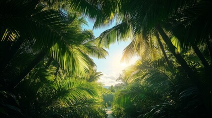 Lush Tropical Paradise: Sunlight Filtering Through Palm Trees