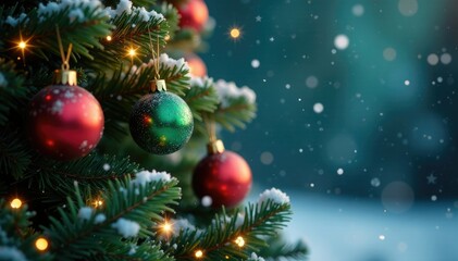 Obraz premium Snowflakes falling gently on a festive Christmas tree, evergreen branches, twinkling stars, ornaments