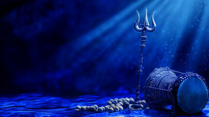 Shivaratri background featuring Lord Shiva's trident and Damroo Pelet Drum musical instrument, dark blue background, Maha Shivratri Festival