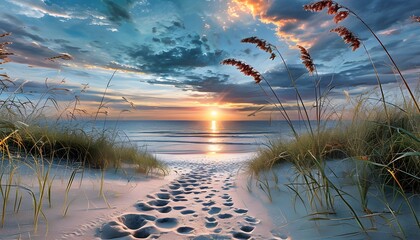Tranquil Twilight Beach Scene With Winding Sandy Pathway